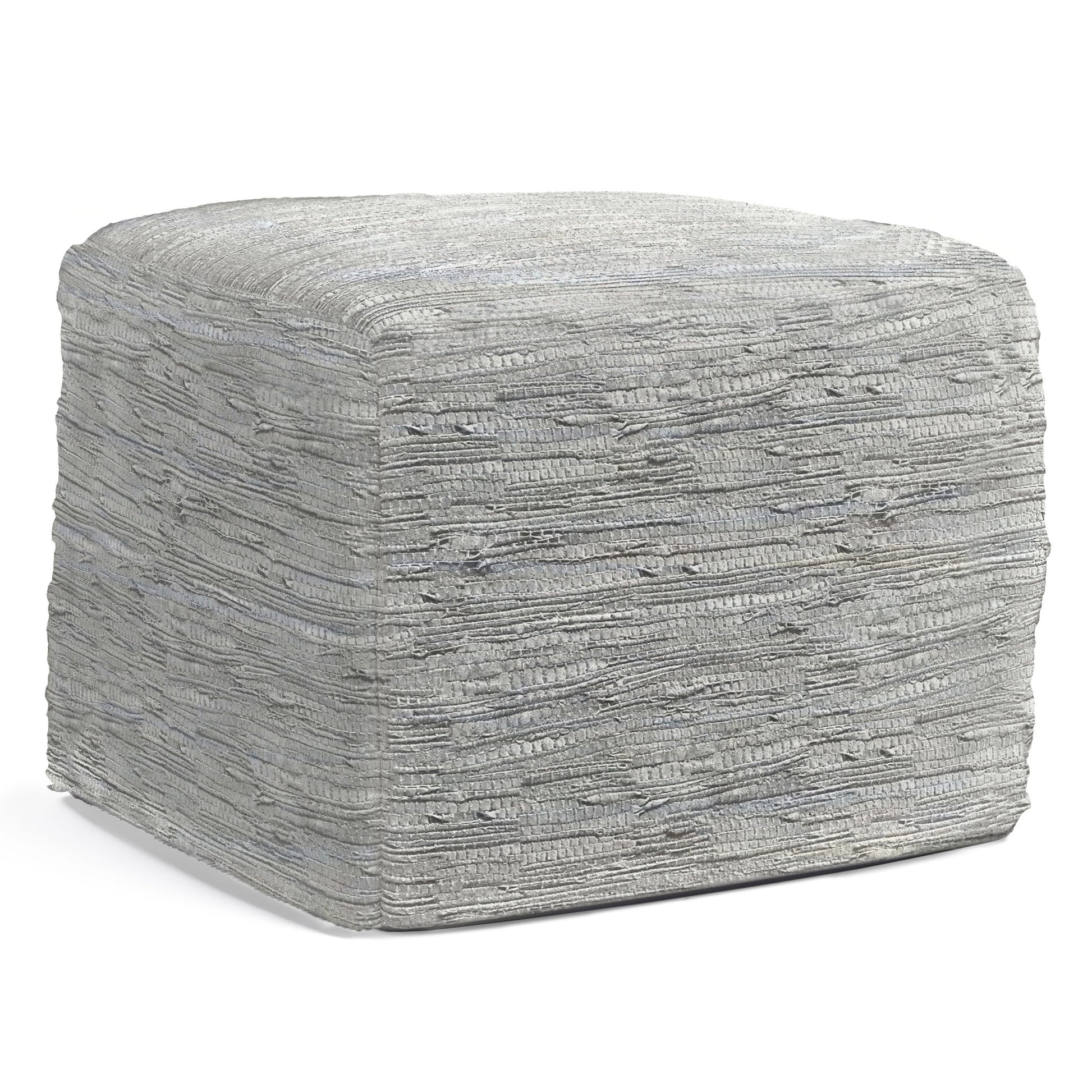 The Fredrik - Handcrafted Square Pouf is a square, textured gray ottoman with a woven fabric cover, displayed against a white background.