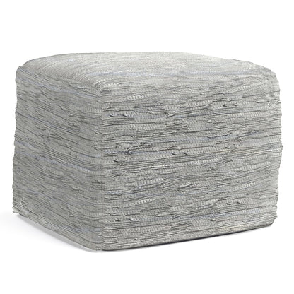 The Fredrik - Handcrafted Square Pouf is a square, textured gray ottoman with a woven fabric cover, displayed against a white background.