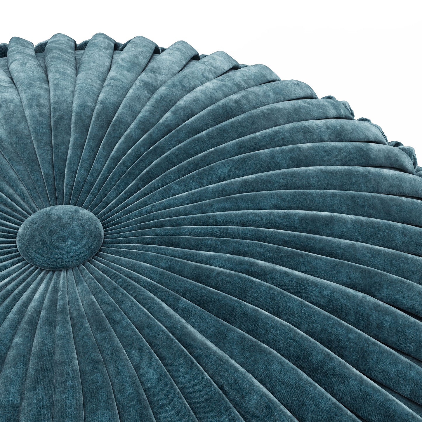 Close-up of the Renee - Handcrafted Round Pouf: a round, teal, pleated velvet cushion with a central button, featuring a radiating fan-like pattern and plush texture against a white background.