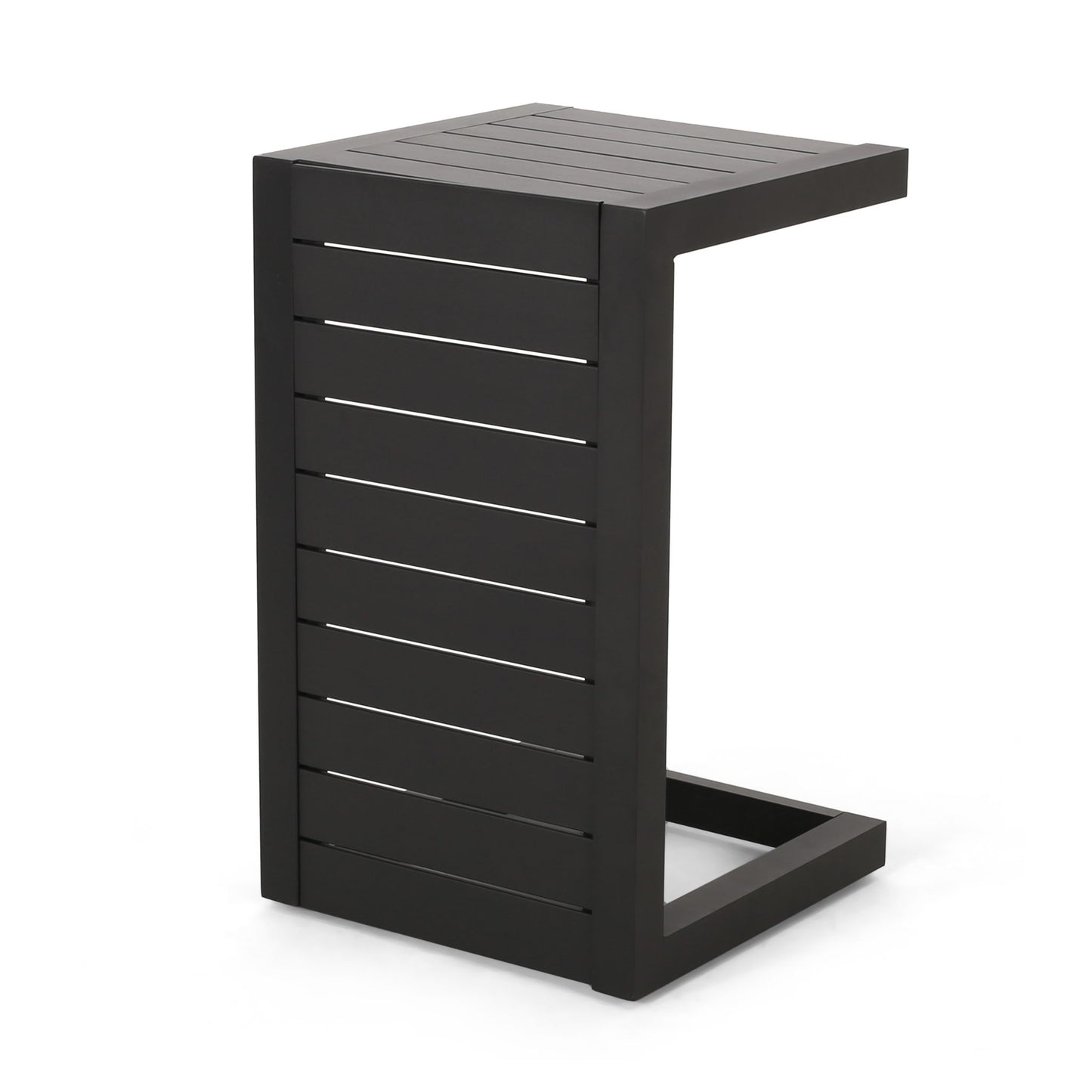 The Aluminum Outdoor C-Shaped Side Table for patio is a modern black metal table with horizontal slats on the sides and top, designed to slide easily under sofas or chairs.
