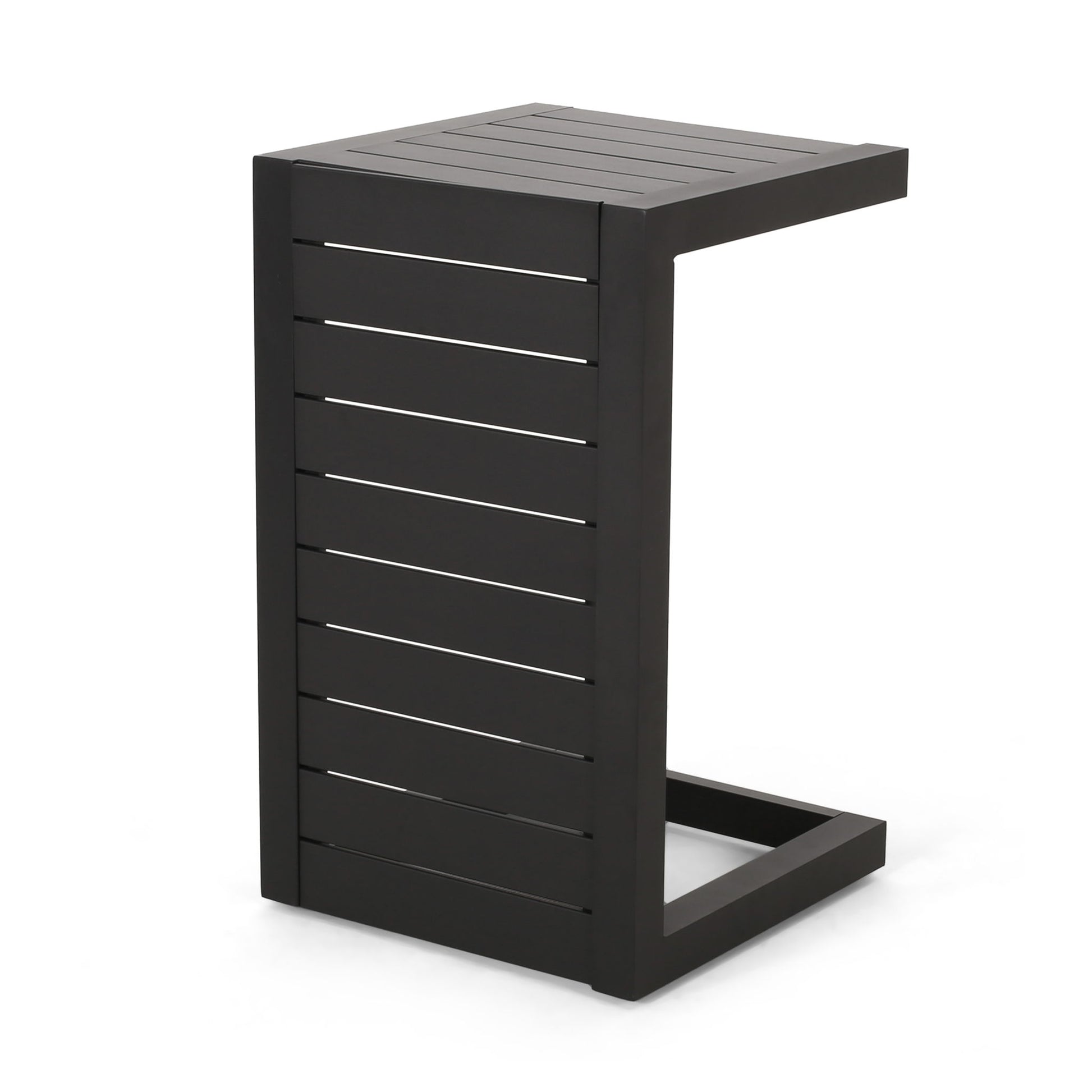 The Aluminum Outdoor C-Shaped Side Table for patio is a modern black metal table with horizontal slats on the sides and top, designed to slide easily under sofas or chairs.