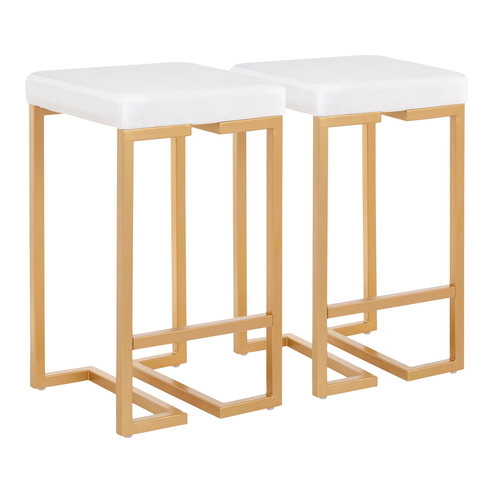 The Midas Contemporary/Glam Counter Stool set includes two modern stools with white cushioned seats and gold metal frames, shown side by side against a white background.