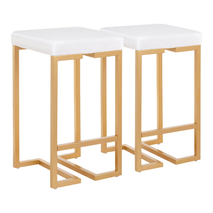 The Midas Contemporary/Glam Counter Stool set includes two modern stools with white cushioned seats and gold metal frames, shown side by side against a white background.