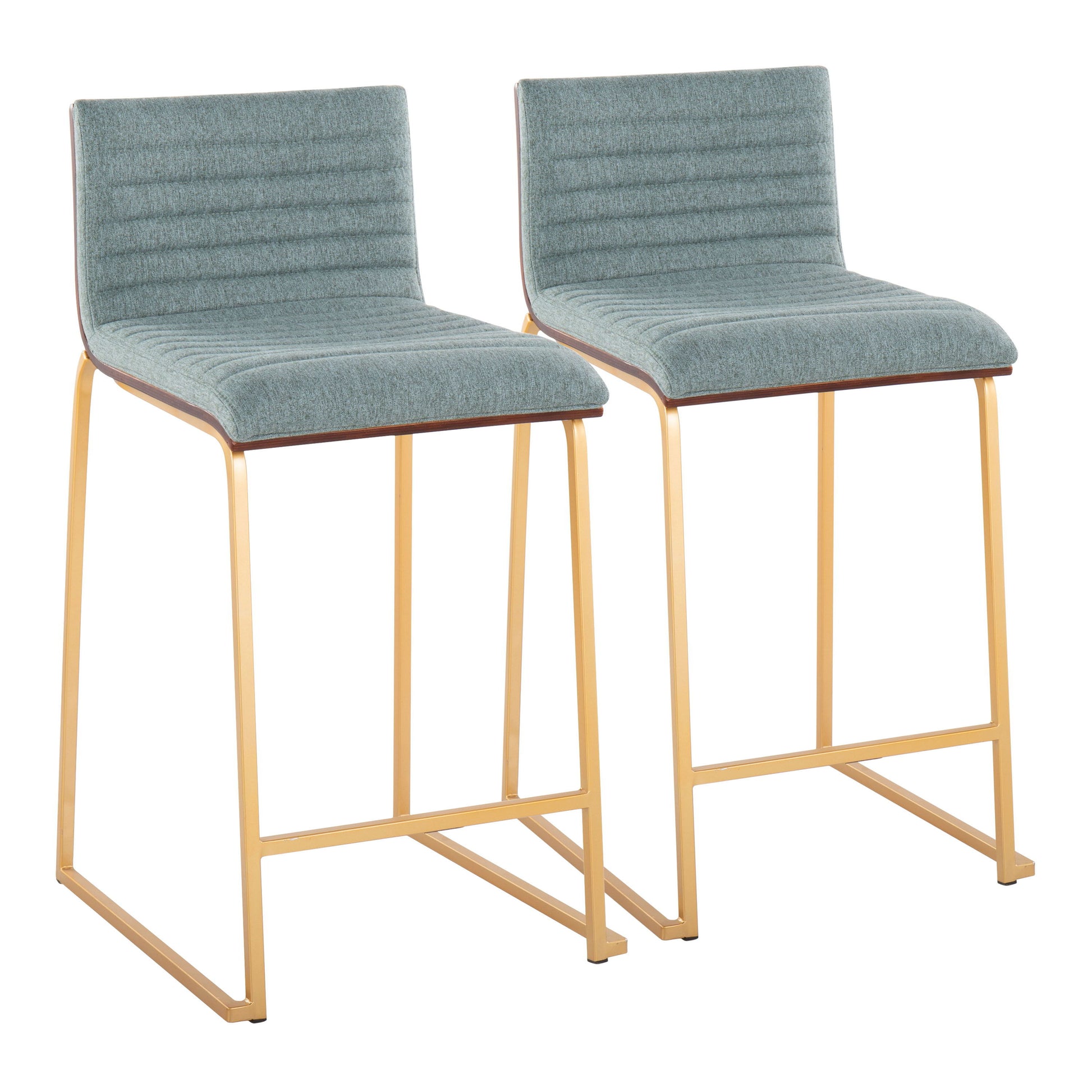 The Mason Mara set includes two contemporary fixed height counter stools with light blue upholstered seats and backs, gold metal legs, horizontal stitching, and a minimalist frame.