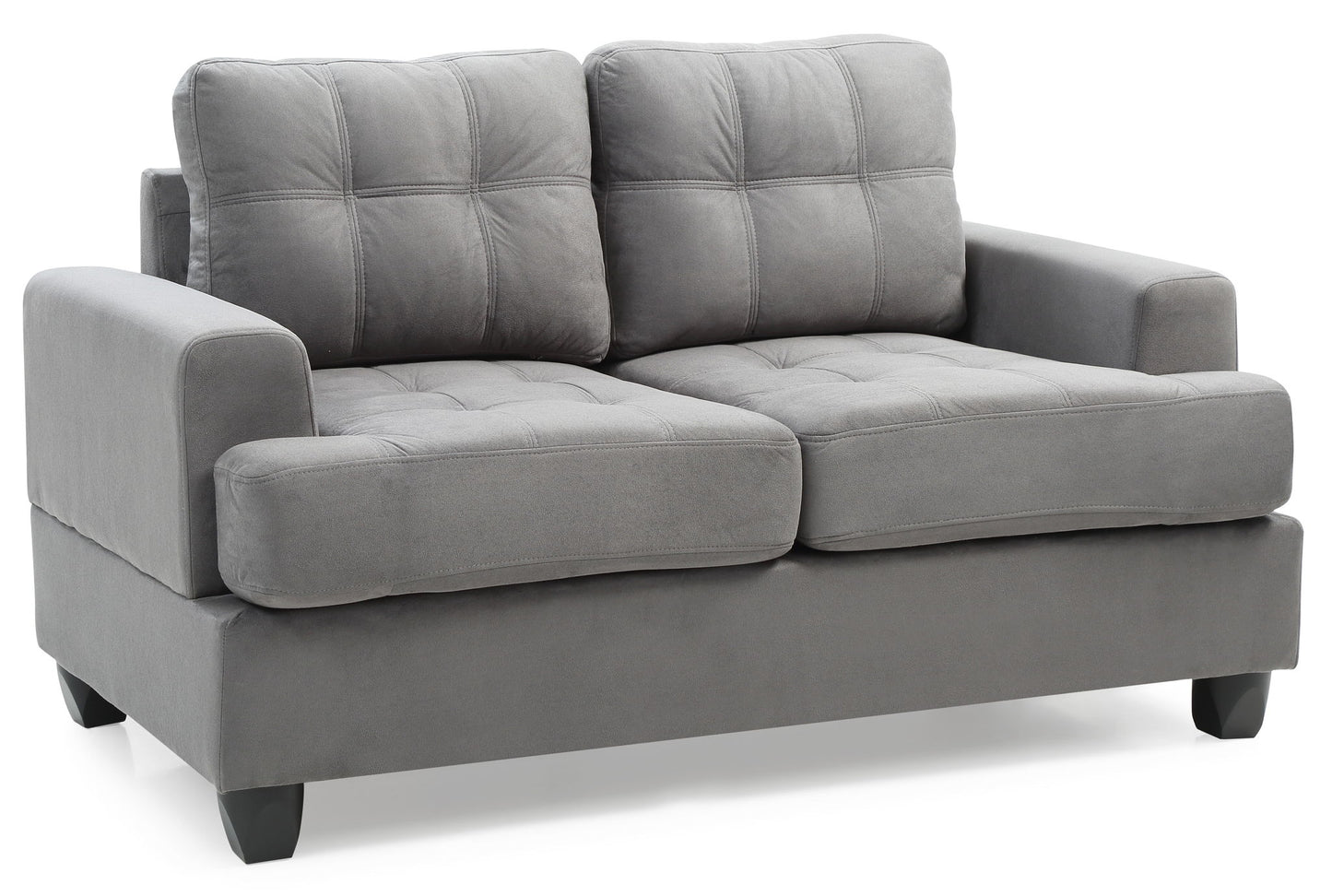 The Stylish Transitional Loveseat For Two features soft gray fabric upholstery, tufted back and seat cushions, wide armrests, short black legs, and a boxy contemporary design.