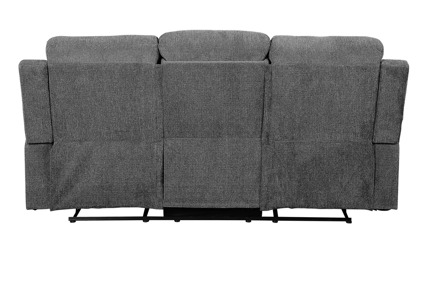 Back view of the Kalen - Chenille 3 Piece Recliner Living Room Set in gray, featuring three cushioned sections and a visible metal support frame at the base. The modern design is shown against a white background.