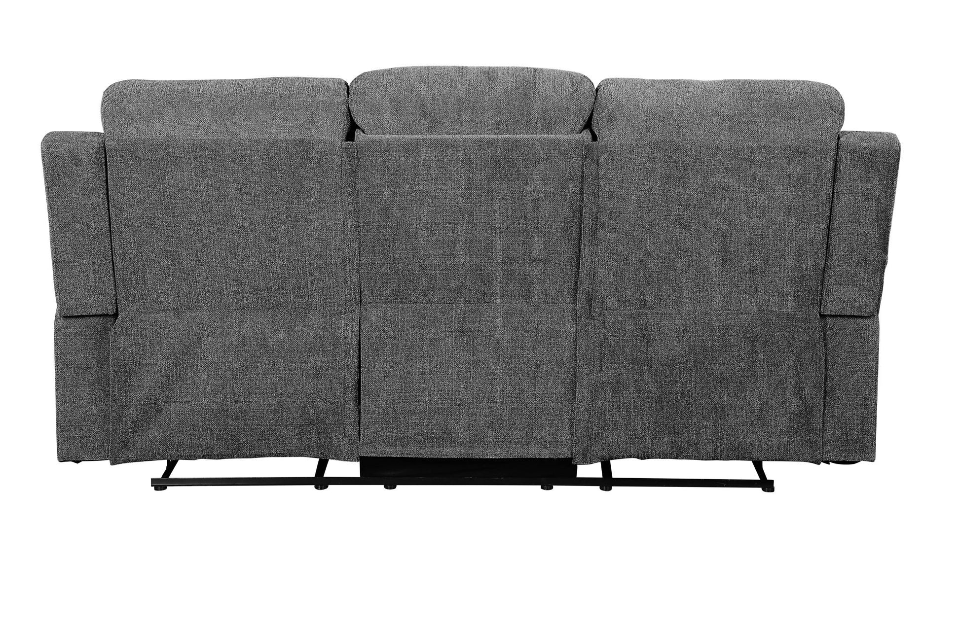 Back view of the Kalen - Chenille 3 Piece Recliner Living Room Set in gray, featuring three cushioned sections and a visible metal support frame at the base. The modern design is shown against a white background.