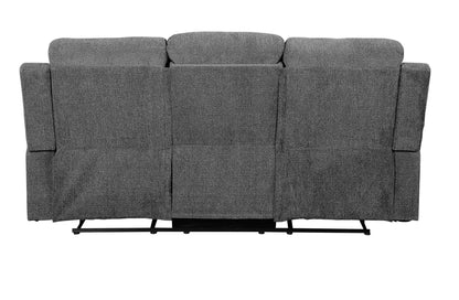 Back view of the Kalen - Chenille 3 Piece Recliner Living Room Set in gray, featuring three cushioned sections and a visible metal support frame at the base. The modern design is shown against a white background.