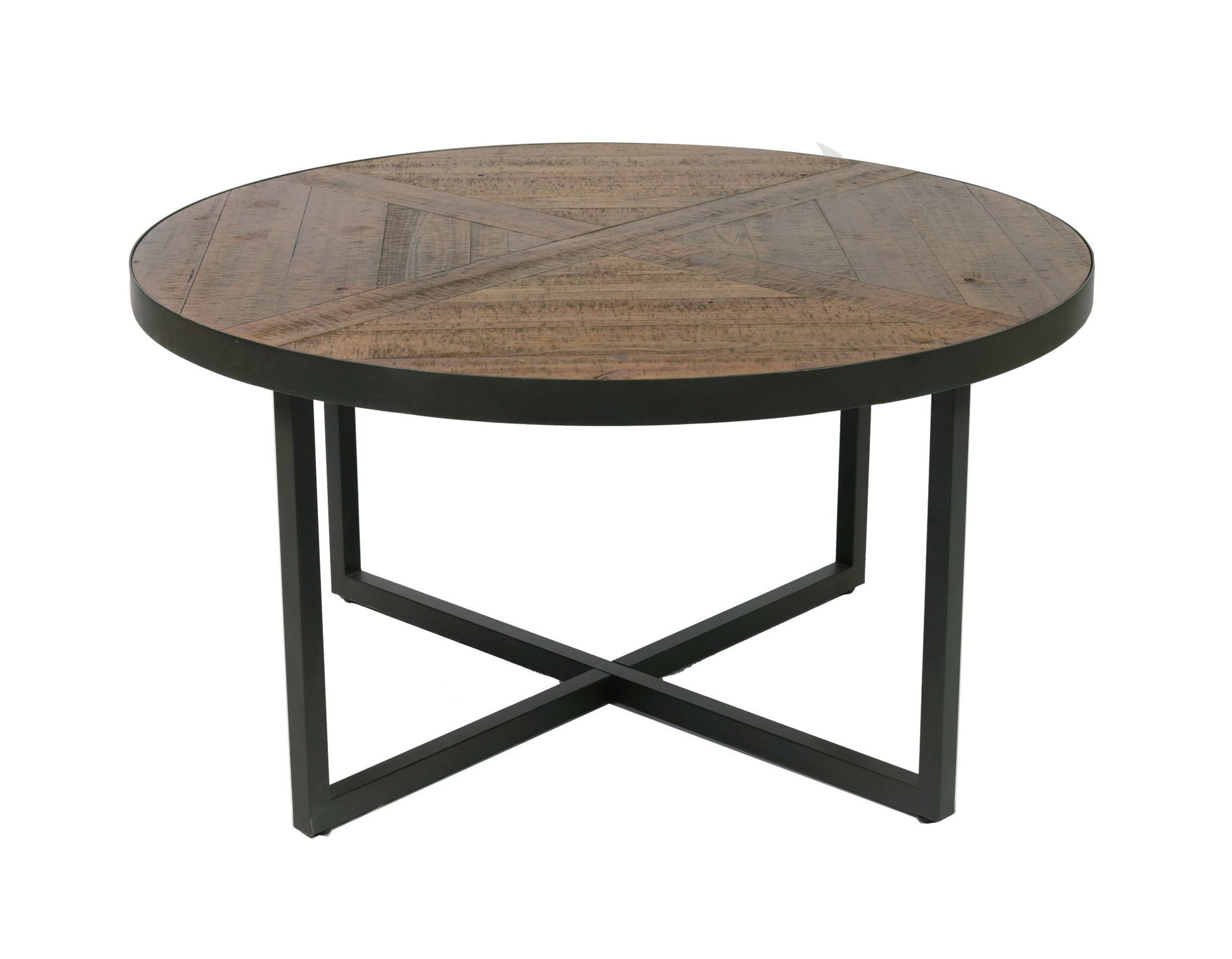 The Faro - Round Table features a round wooden top with a geometric pattern and sturdy black metal legs in an X-shaped base.