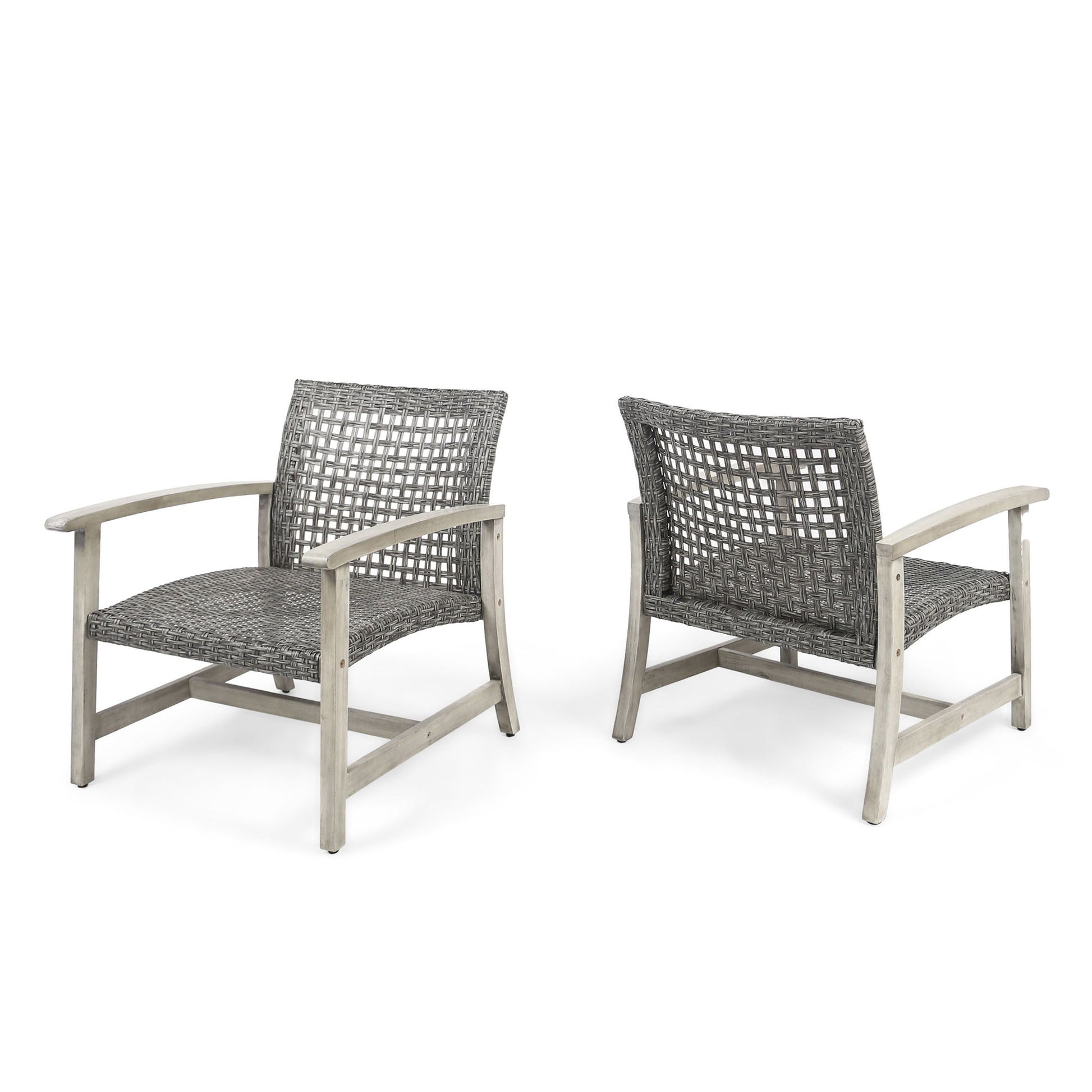 Two Outdoor Club Chairs with gray rattan covers and acacia wood frames are shown side by side, angled slightly away from each other, against a white background.