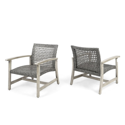 Two Outdoor Club Chairs with gray rattan covers and acacia wood frames are shown side by side, angled slightly away from each other, against a white background.