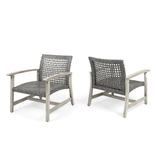 Two Outdoor Club Chairs with gray rattan covers and acacia wood frames are shown side by side, angled slightly away from each other, against a white background.
