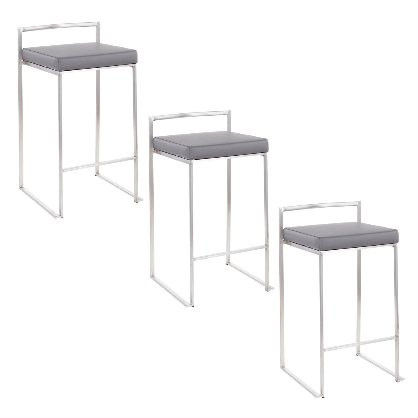 Three Fuji Elegant Design Contemporary Stackable Counter Stools feature silver metal frames and gray cushioned seats, arranged in a staggered formation against a white background.