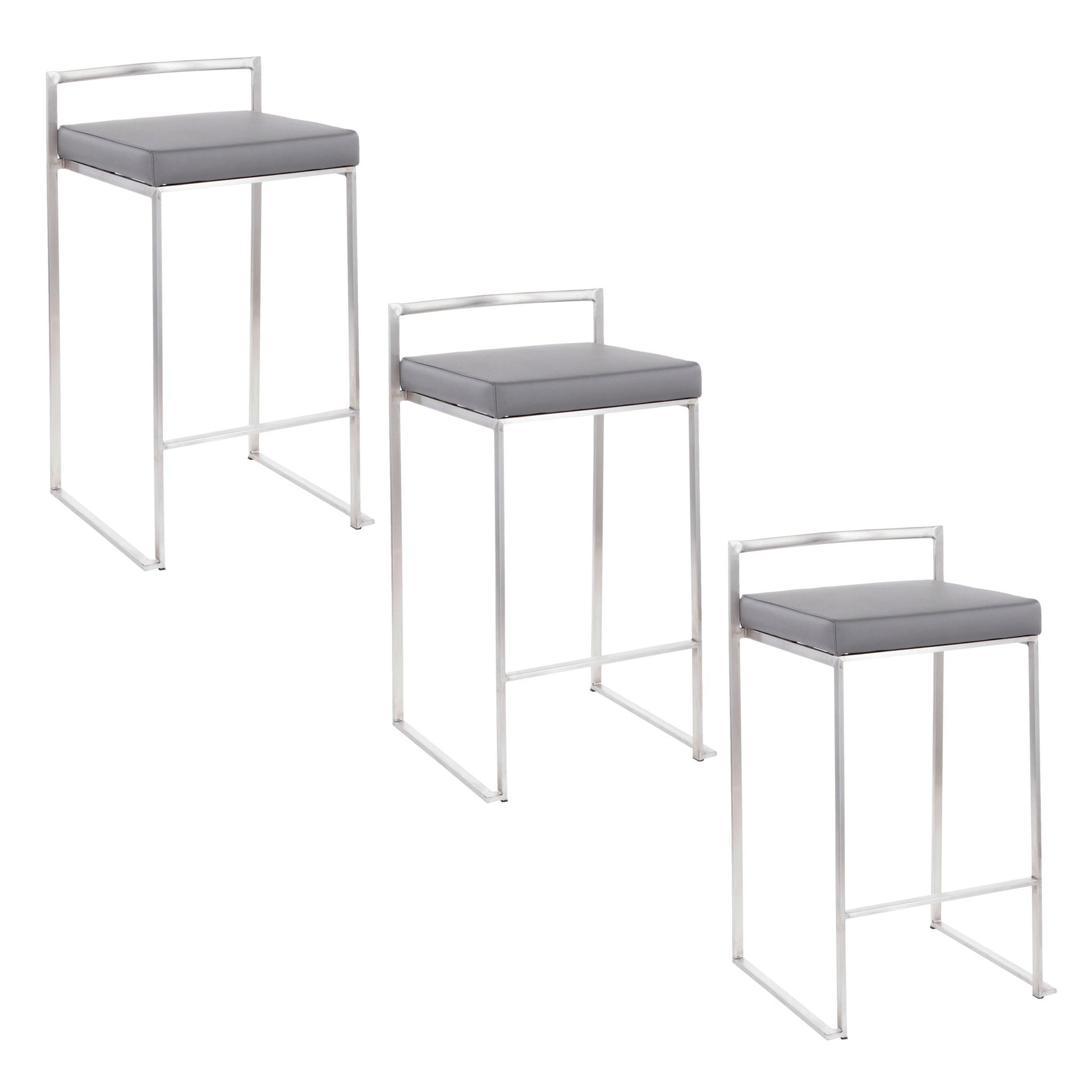 Three Fuji Elegant Design Contemporary Stackable Counter Stools feature silver metal frames and gray cushioned seats, arranged in a staggered formation against a white background.