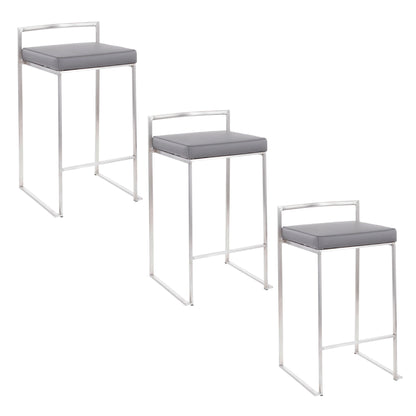 Three Fuji Elegant Design Contemporary Stackable Counter Stools feature silver metal frames and gray cushioned seats, arranged in a staggered formation against a white background.