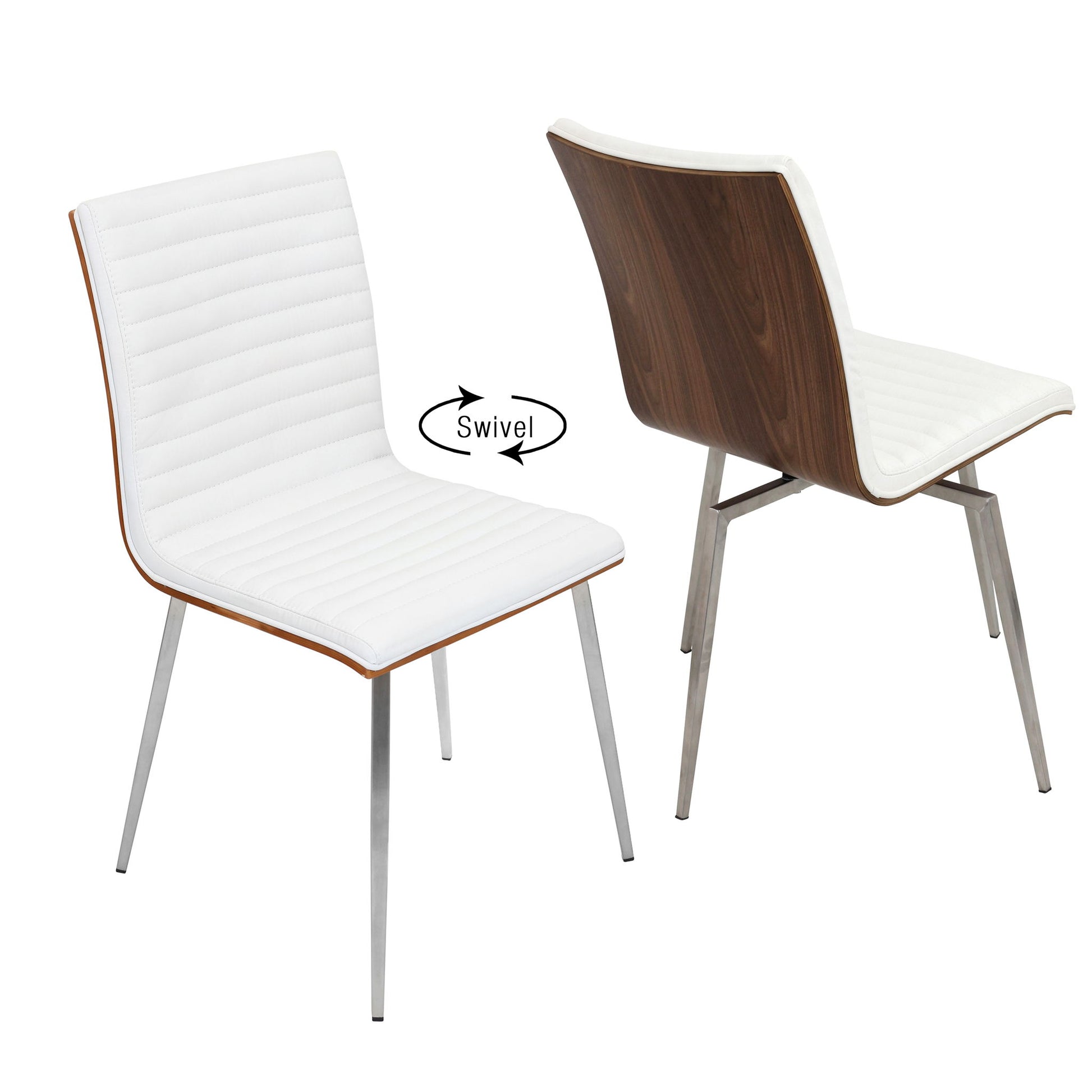 The Mason Contemporary Dining Chair set of 2 features swivel seats, white padded cushions, wood veneer backs, and metal legs. One chair is shown facing forward, the other backward to highlight the swivel function.