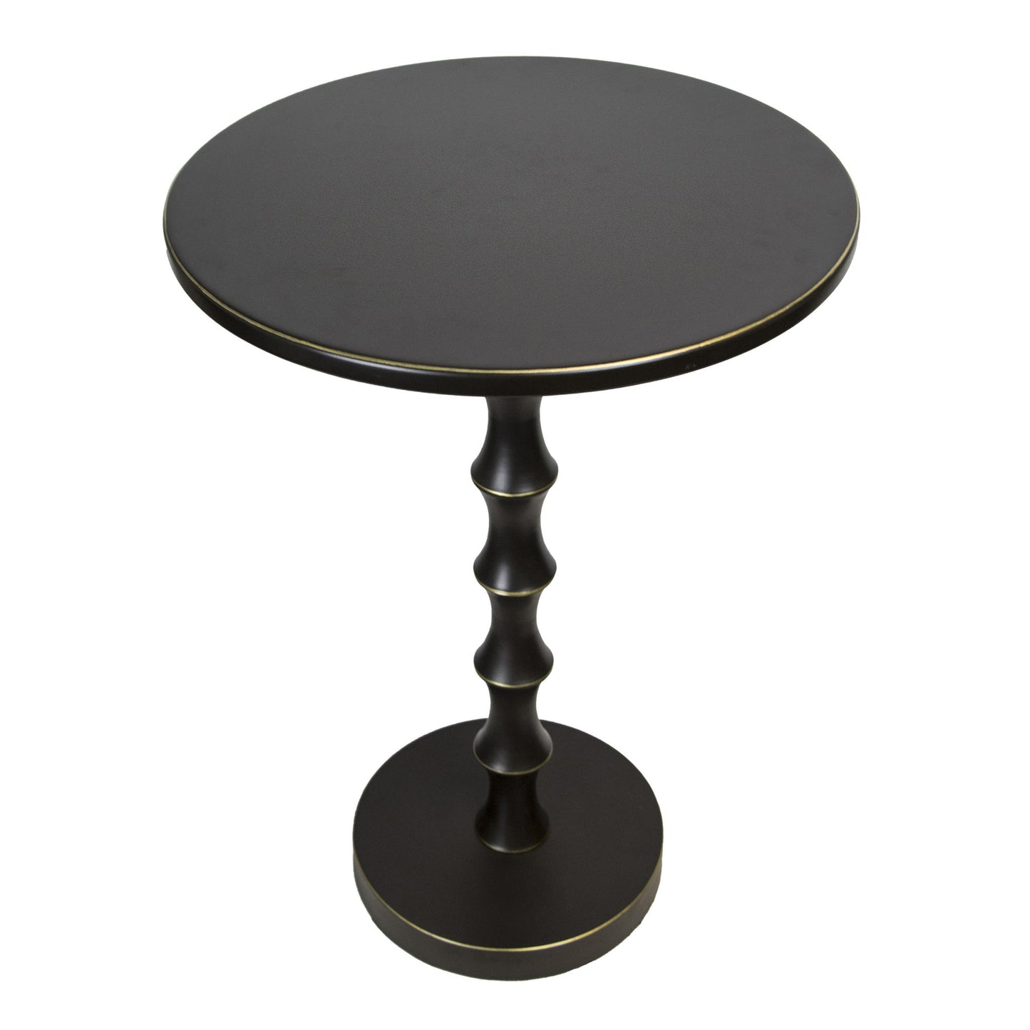The Bora - Contemporary Table is a round black pedestal side table featuring a smooth top, a sculpted ridged central support, and a circular base.