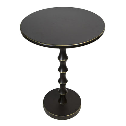 The Bora - Contemporary Table is a round black pedestal side table featuring a smooth top, a sculpted ridged central support, and a circular base.