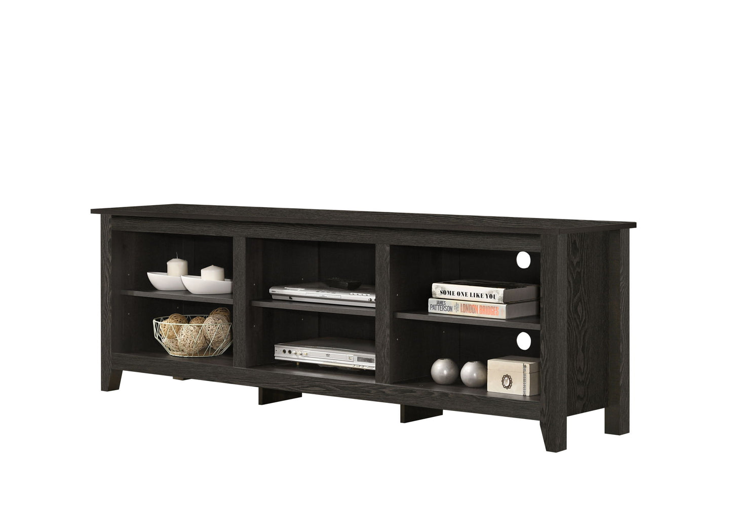 The Benito TV Stand features dark wood, three open shelves for books, bowls, decor, and devices, plus circular back cutouts for easy cable management.