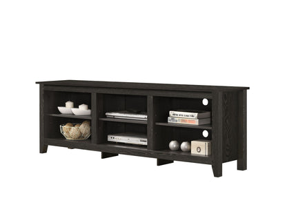 The Benito TV Stand features dark wood, three open shelves for books, bowls, decor, and devices, plus circular back cutouts for easy cable management.