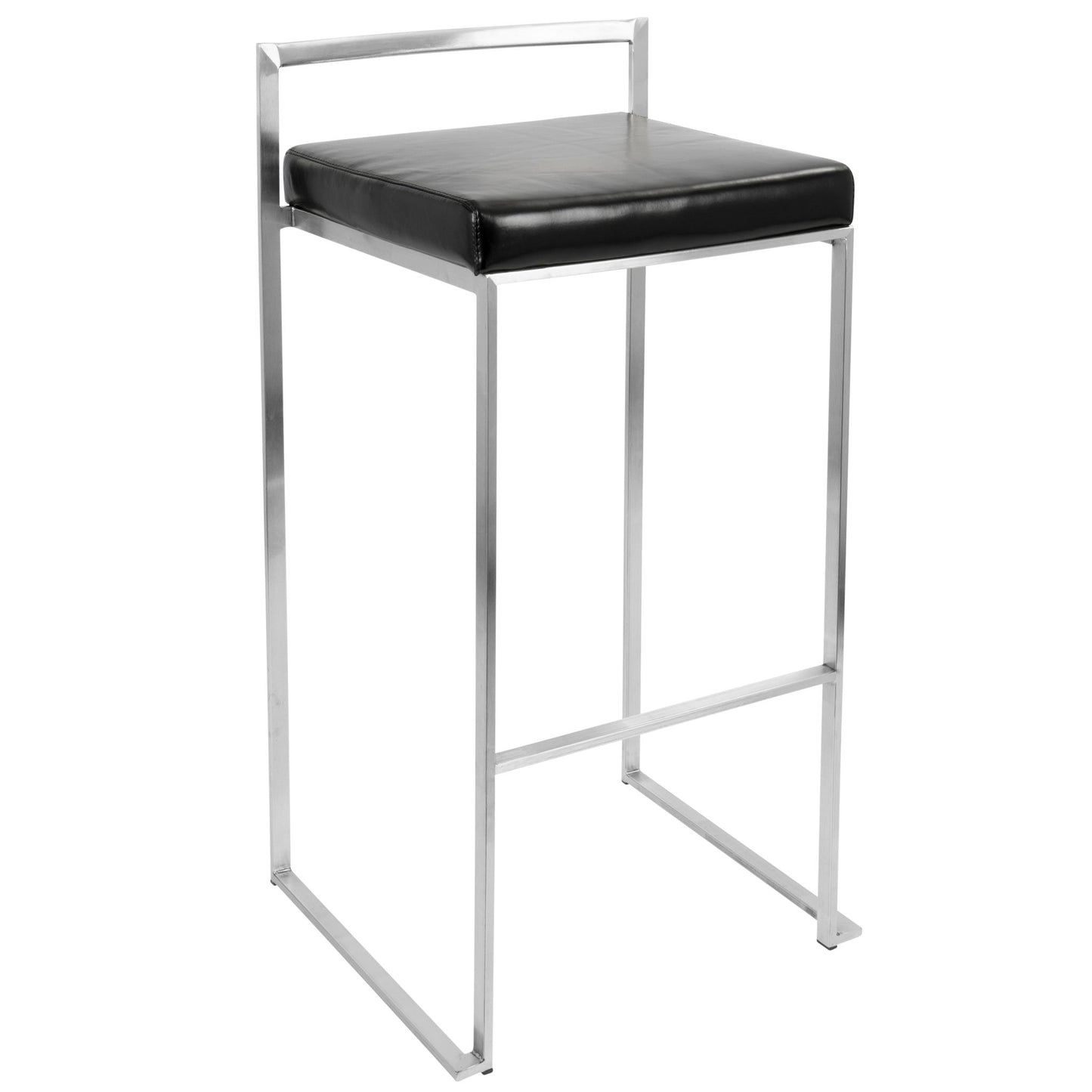 The Fuji - Contemporary Stackable Design Barstool features a sleek metal frame, square black cushioned seat, and minimalist backrest.