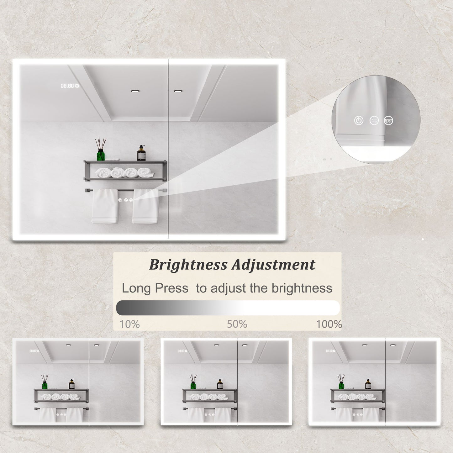 The Bathroom Medicine Cabinet With Lights features touch controls for three brightness levels (10%, 50%, 100%). An inset shows the touch buttons, and text below explains brightness adjusts with a long press.