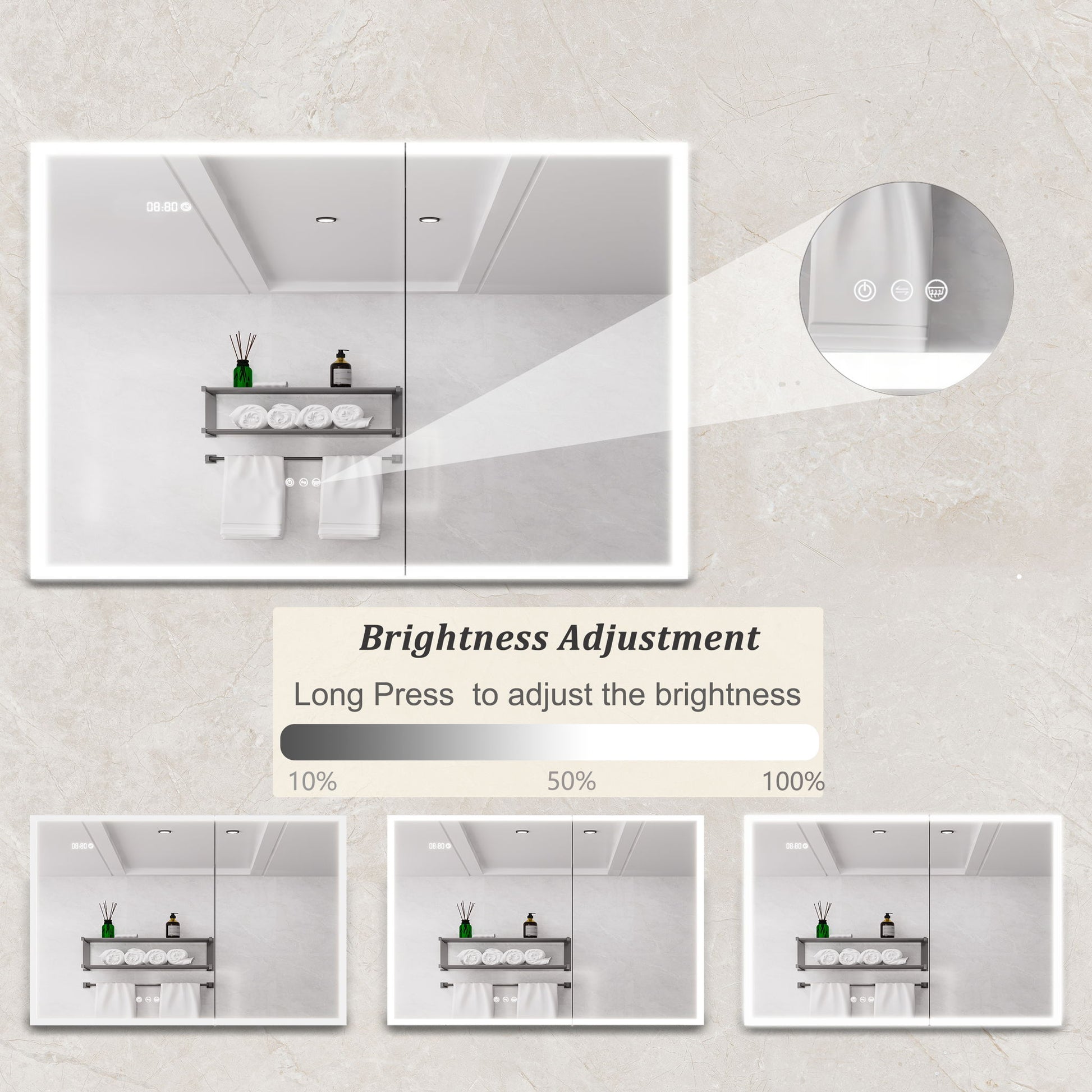 The Bathroom Medicine Cabinet With Lights features touch controls for three brightness levels (10%, 50%, 100%). An inset shows the touch buttons, and text below explains brightness adjusts with a long press.