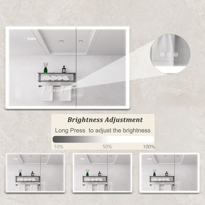 The Bathroom Medicine Cabinet With Lights features touch controls for three brightness levels (10%, 50%, 100%). An inset shows the touch buttons, and text below explains brightness adjusts with a long press.