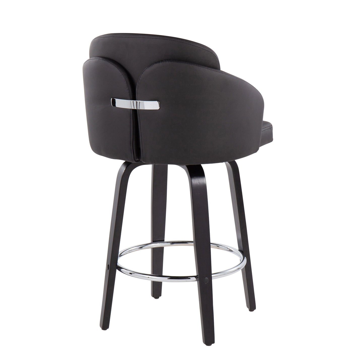 The Dahlia Contemporary Counter Stool (Set of 2) features a modern black design with a curved backrest, chrome round footrest, four wooden legs, metallic accent handle on the back, and leather or faux leather upholstery.