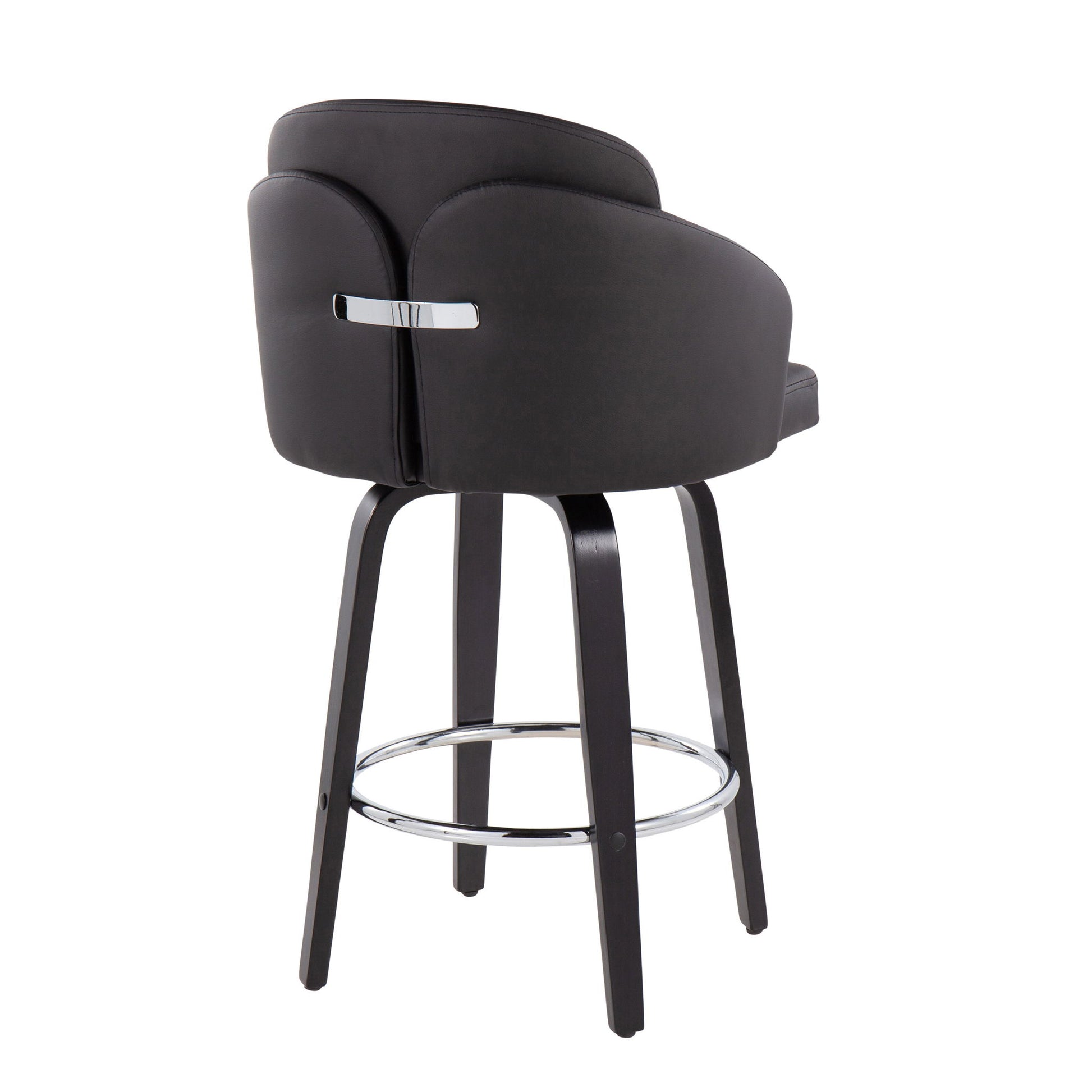 The Dahlia Contemporary Counter Stool (Set of 2) features a modern black design with a curved backrest, chrome round footrest, four wooden legs, metallic accent handle on the back, and leather or faux leather upholstery.