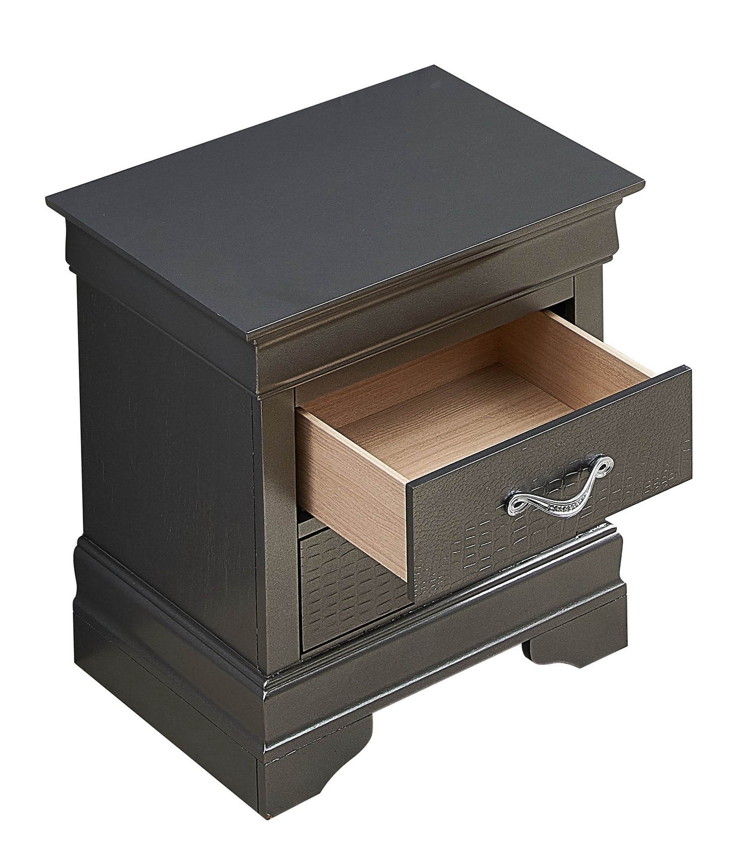 The Lorana Nightstand features a dark wood finish, a single drawer with a silver handle revealing a light wood interior, and a decorative base.