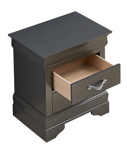The Lorana Nightstand features a dark wood finish, a single drawer with a silver handle revealing a light wood interior, and a decorative base.