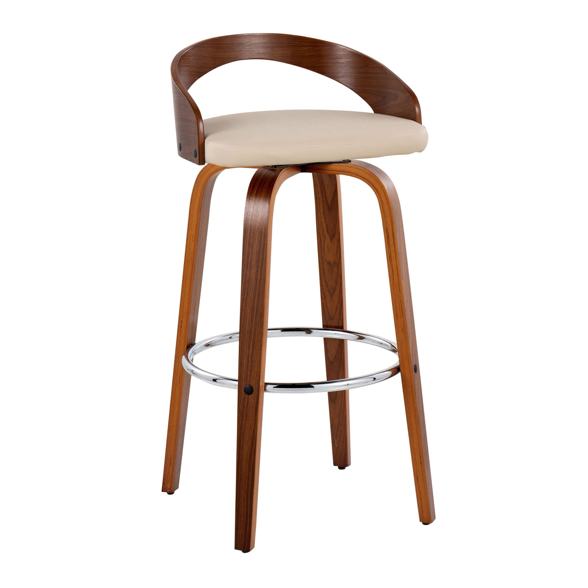 The Grotto - Contemporary Fixed Height Barstool With Swivel features a curved wooden backrest, beige cushioned seat, four tapered wooden legs, and a round chrome footrest. Sold as a set of 2.