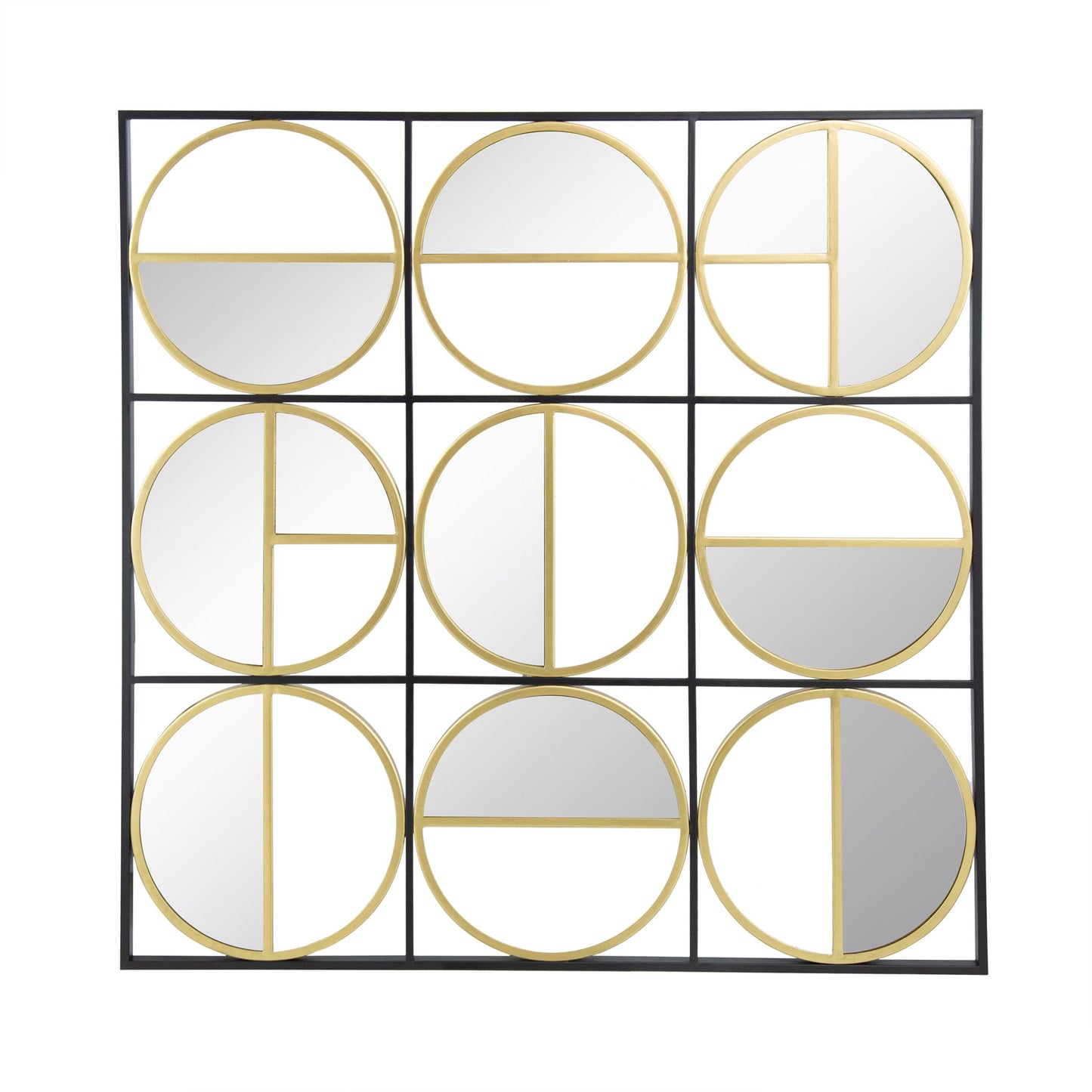 The Eclectic Styling Metal Beaded Wall Mirror features a contemporary design of nine square sections, each with a gold-bordered circle and geometric lines, perfect for bedrooms, living rooms, or entryways.