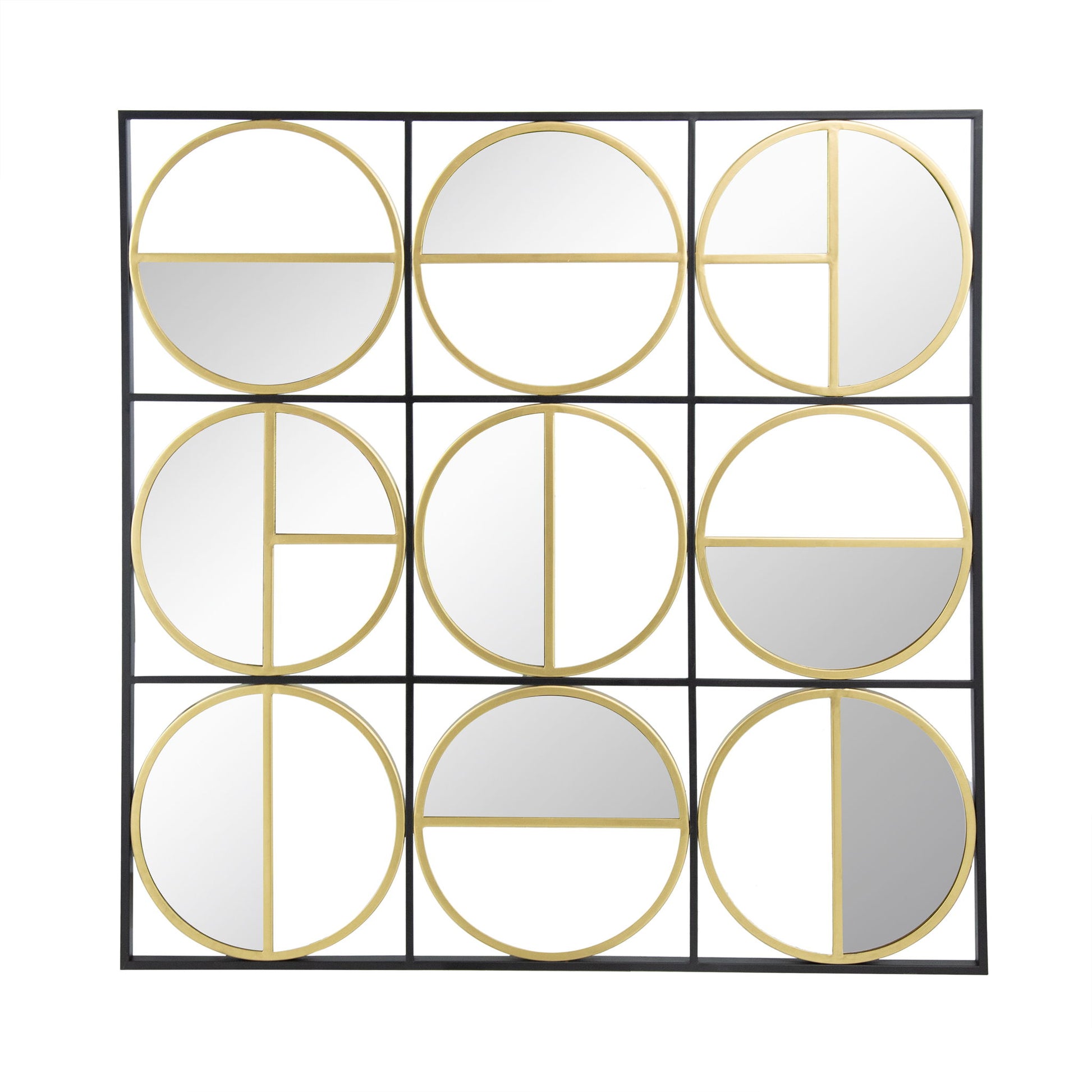 The Eclectic Styling Metal Beaded Wall Mirror features a contemporary design of nine square sections, each with a gold-bordered circle and geometric lines, perfect for bedrooms, living rooms, or entryways.