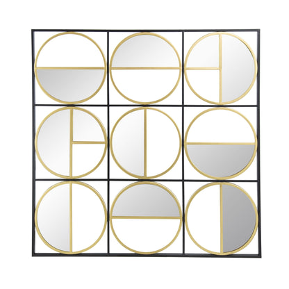 The Eclectic Styling Metal Beaded Wall Mirror features a contemporary design of nine square sections, each with a gold-bordered circle and geometric lines, perfect for bedrooms, living rooms, or entryways.