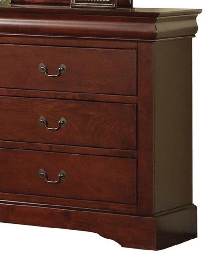 A close-up of the Louis Philippe III Dresser, featuring durable construction, three visible drawers with dark handles, a rich reddish-brown finish, and classic curved details at the base.