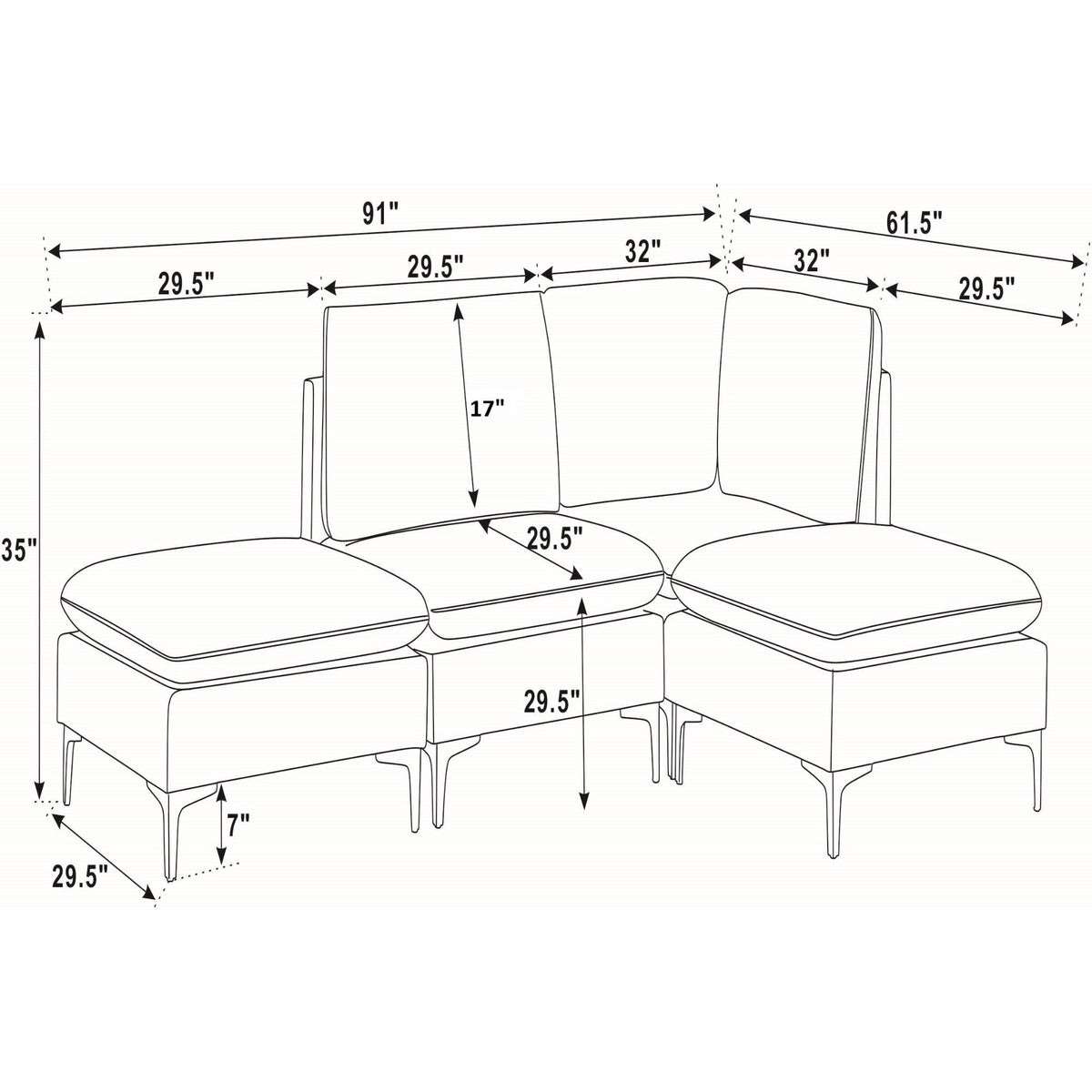 Upholstered Modular Sectional With Tall Legs, Medium Firm Seat