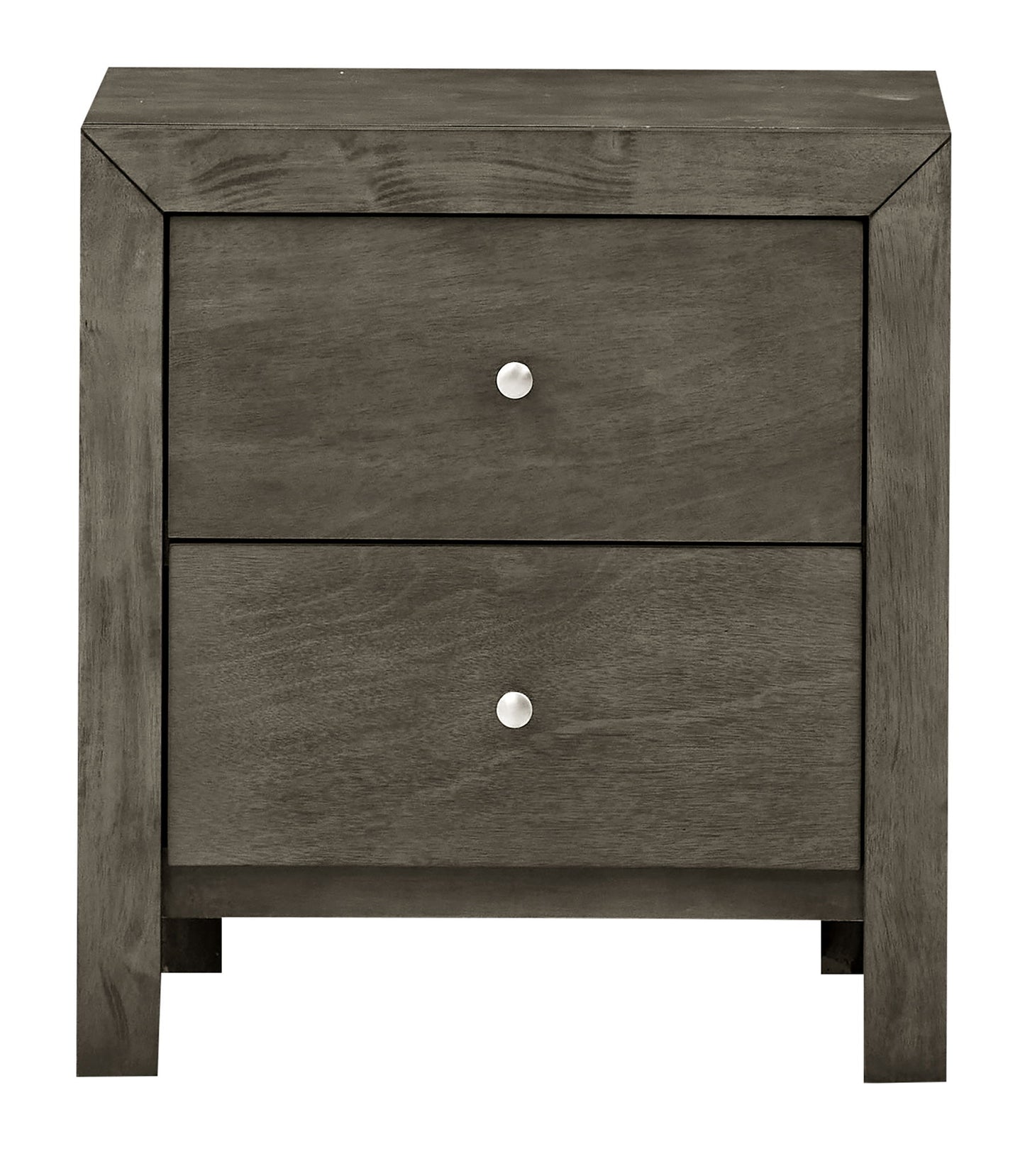 The Charming Nightstand With Drawers is a modern, boxy wooden nightstand in a gray finish, featuring two drawers with round silver knobs.