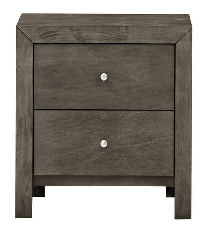 The Charming Nightstand With Drawers is a modern, boxy wooden nightstand in a gray finish, featuring two drawers with round silver knobs.