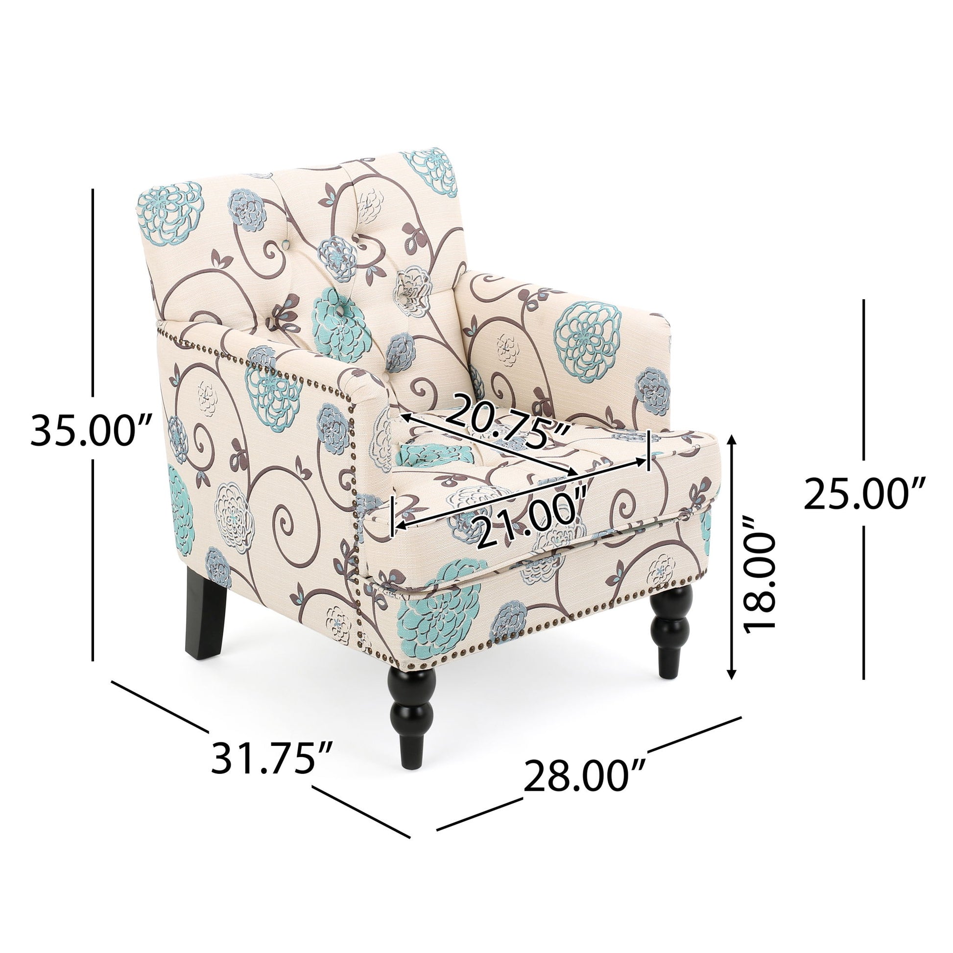 The Vitality Club Chair features button tufted diamond stitching, turned black legs, and nailhead trim. Measurements: 35"H x 31.75"D x 28"W; arm height: 25", seat height: 18", seat depth: 20.75", seat width: 21".