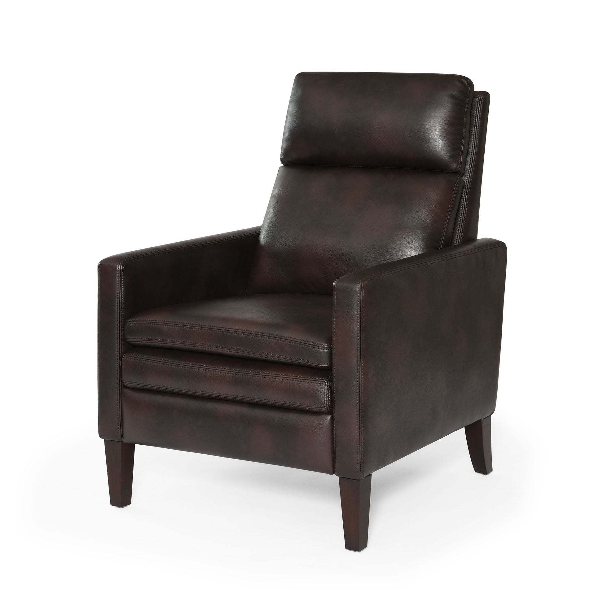 The Vaughn Push Back Recliner features a dark brown leather finish, high back, cushioned seat, straight arms, and stands on four solid hardwood legs with a sleek, modern design.