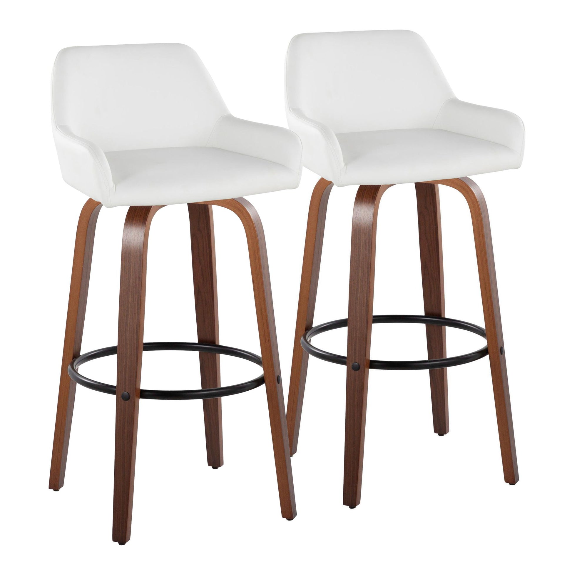 The Daniella Barstool set includes two contemporary fixed-height barstools with white cushioned seats and backs, wooden legs, and round black footrests, shown side by side against a white background.