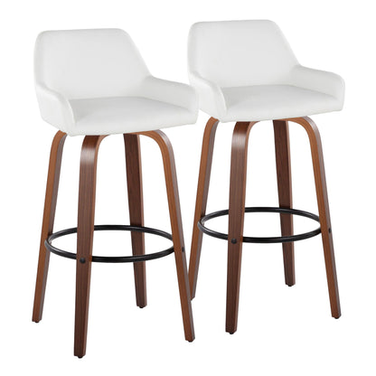 The Daniella Barstool set includes two contemporary fixed-height barstools with white cushioned seats and backs, wooden legs, and round black footrests, shown side by side against a white background.