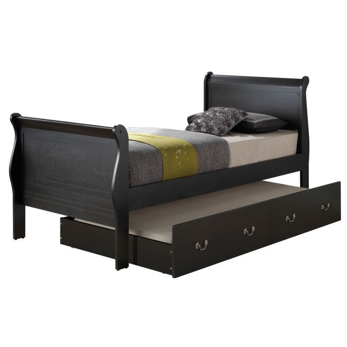 The Elegant Trundle Bed With Timeless Charm is a black wooden twin bed with headboard, footboard, and a partially pulled-out under-bed trundle drawer, styled with neutral bedding and decorative pillows.