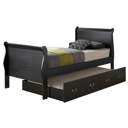 The Elegant Trundle Bed With Timeless Charm is a black wooden twin bed with headboard, footboard, and a partially pulled-out under-bed trundle drawer, styled with neutral bedding and decorative pillows.