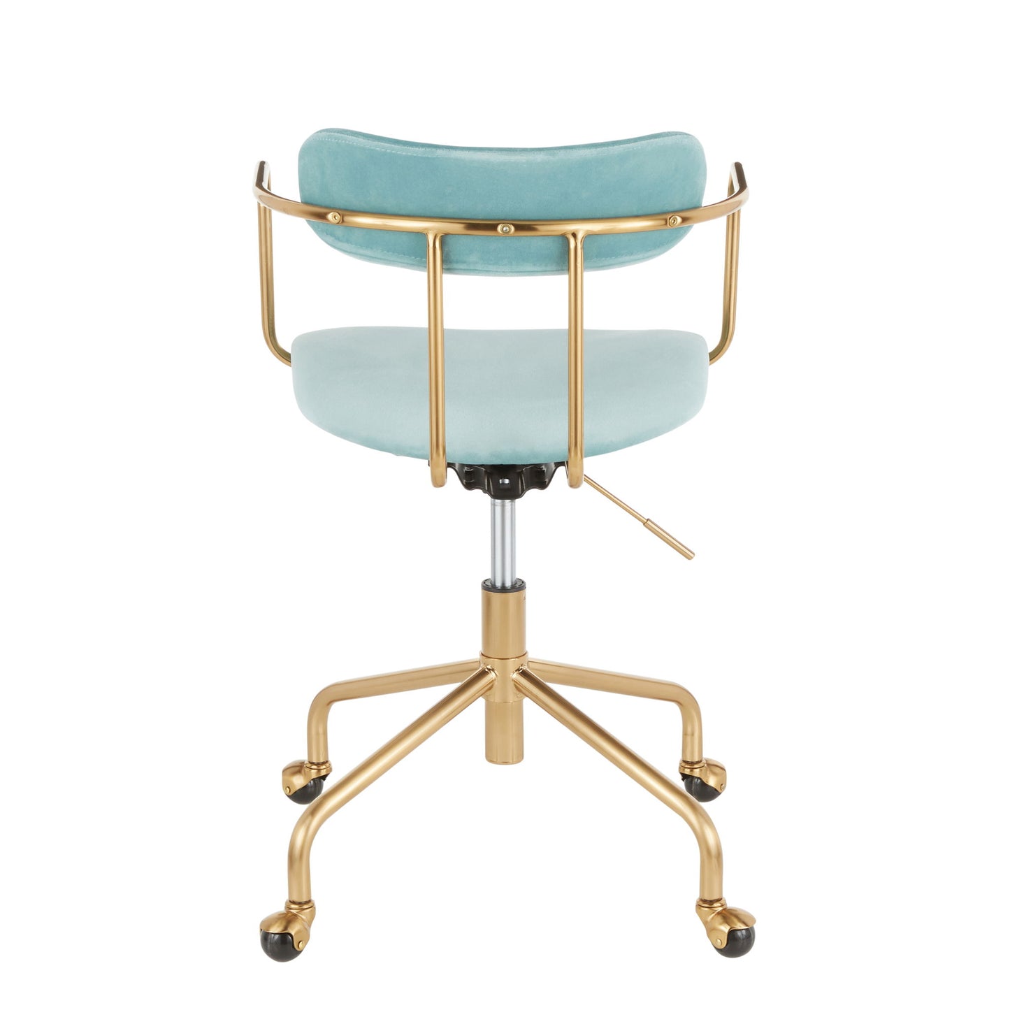 The Demi - Contemporary Office Chair features a gold metal frame, light blue velvet cushioned seat and backrest, adjustable height lever, and five caster wheels, shown from the back.