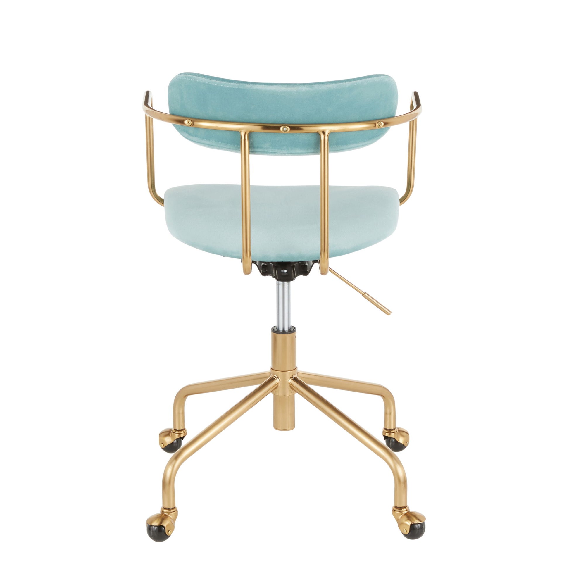 The Demi - Contemporary Office Chair features a gold metal frame, light blue velvet cushioned seat and backrest, adjustable height lever, and five caster wheels, shown from the back.