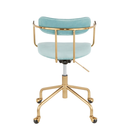 The Demi - Contemporary Office Chair features a gold metal frame, light blue velvet cushioned seat and backrest, adjustable height lever, and five caster wheels, shown from the back.