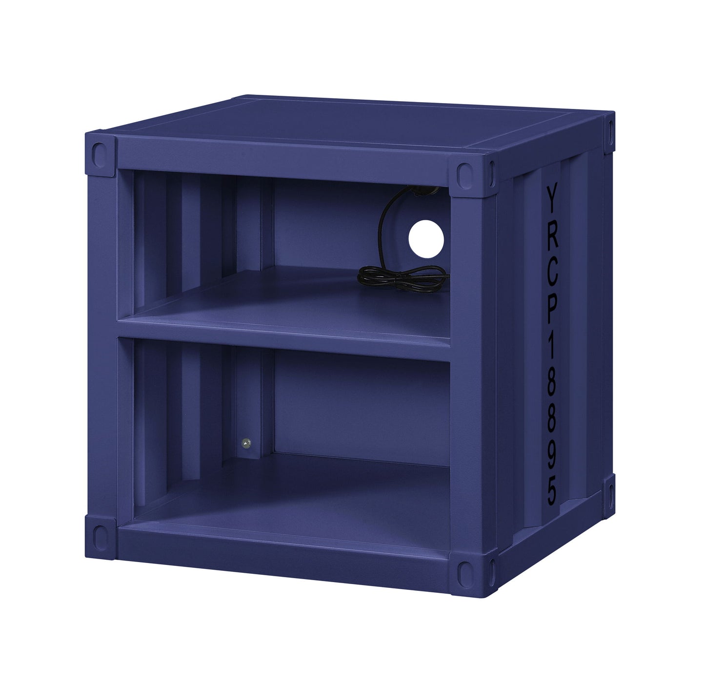 A square, dark blue Cargo - Nightstand With USB featuring an open front, two shelves, a cable hole in the back, and blocky corners. "YRCP18895" appears vertically on the side in black text.